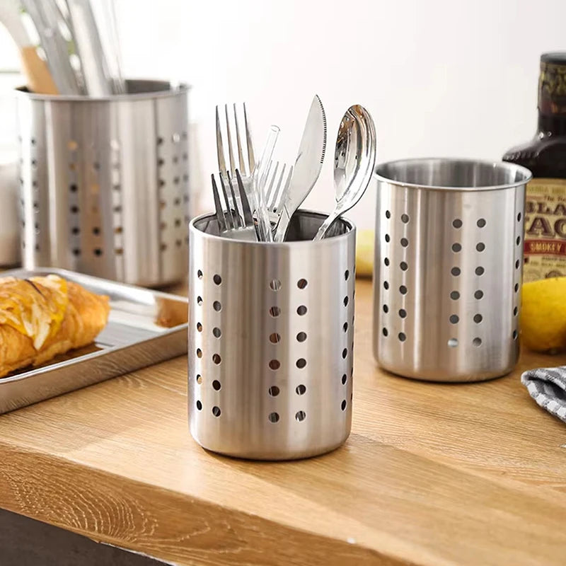 organisateur cuisine moderne pot ustensiles argenté perforé fourchettes cuillères couteaux rangement égouttoir