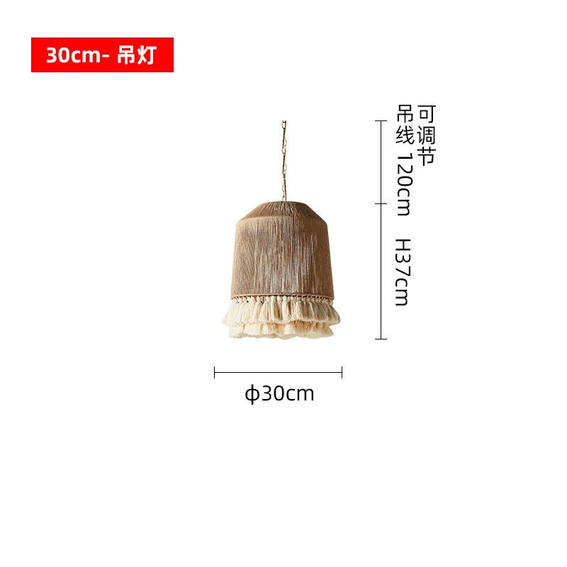 suspension lumineuse boho tissu tressé franges beige blanc rustique