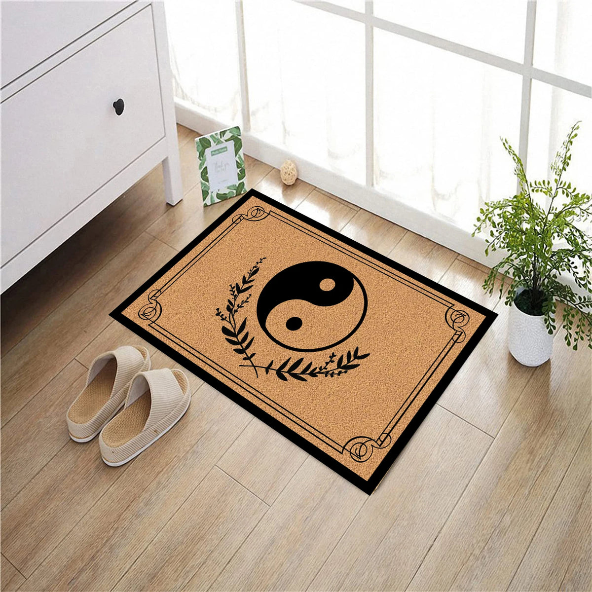 tapis d'entrée yin yang feuilles stylisées antidérapant résistant intempéries extérieur intérieur moderne