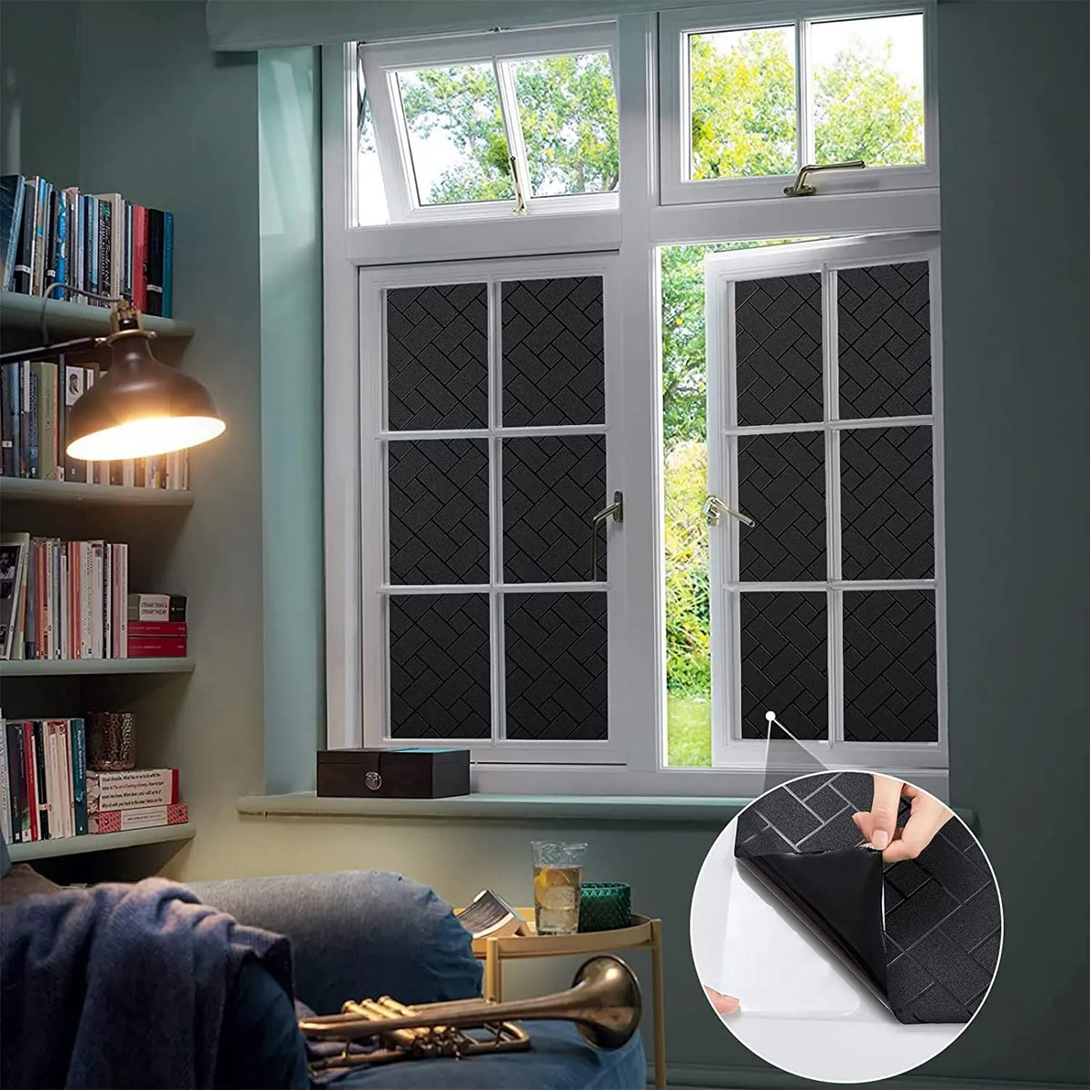 film fenêtre noir opalescent adhésif tissé damier moderne intimité thermique uv protection 30x100 cm