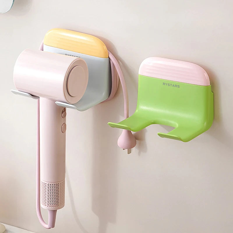 organisateur sèche cheveux support mural adhésif moderne rose vert jaune blanc mat opaques deux