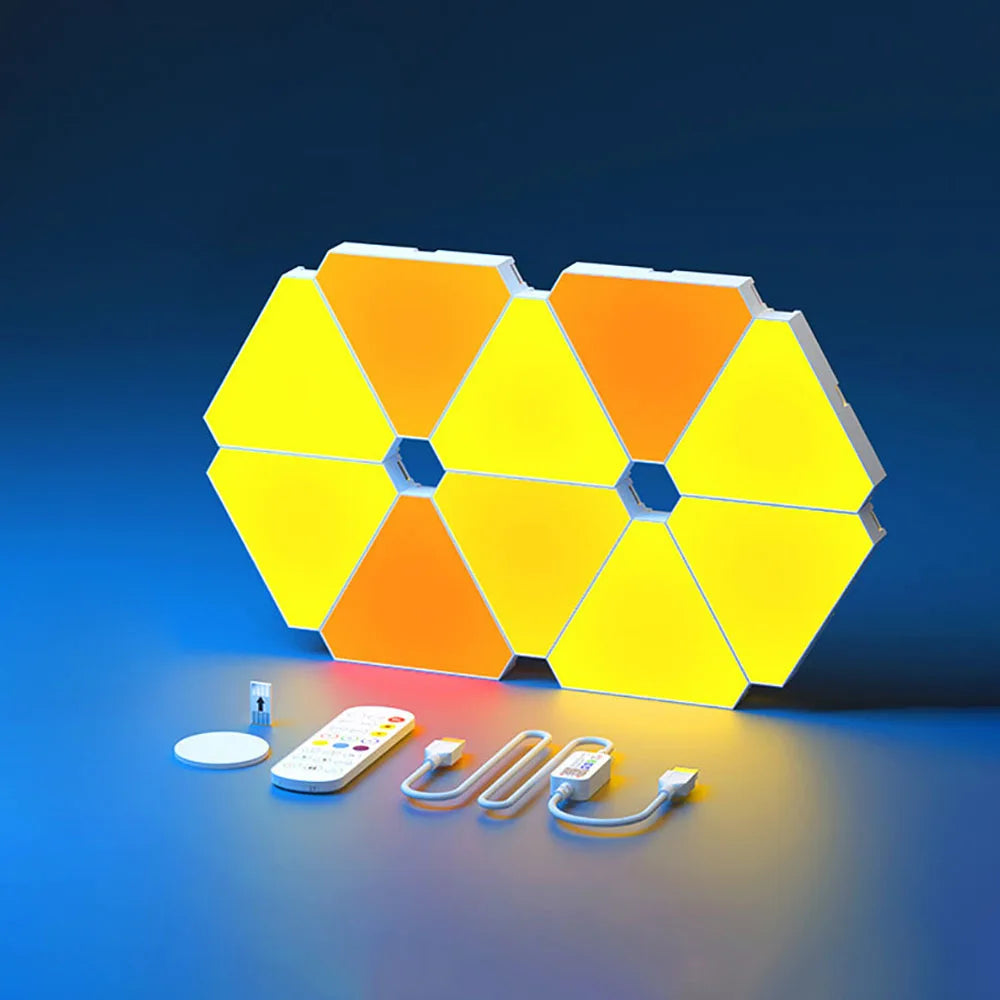 lampe led modulable hexagonale geometrique bleu blanc jaune contemporaine minimaliste fixee adhésive télécommande