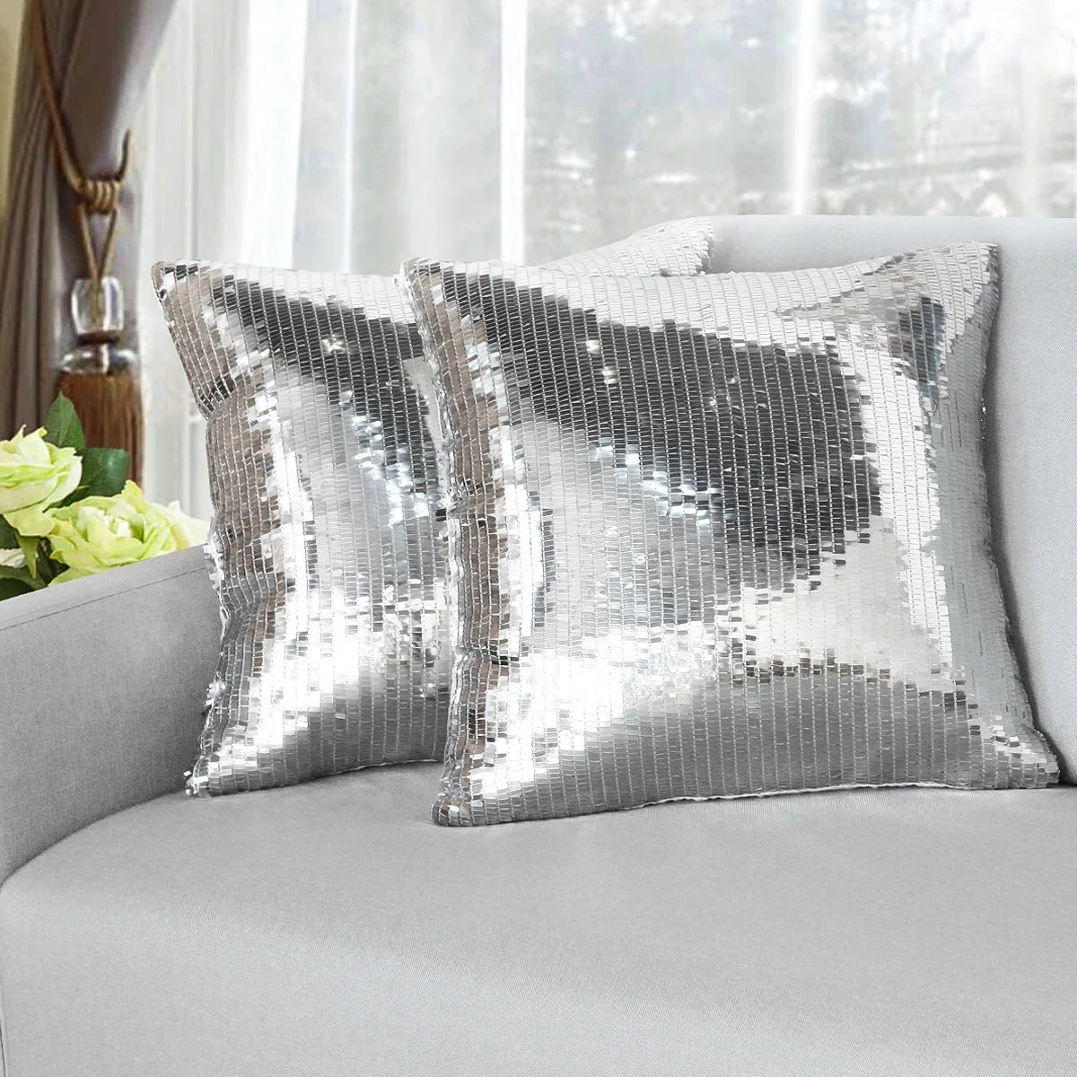 housse coussin paillettes argentées moderne 38x38cm decoration salon lit voiture polyester