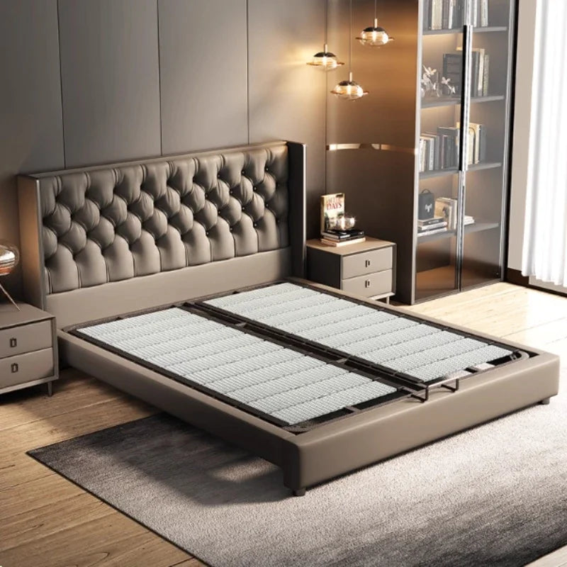 lit gris tufté moderne pieds ronds chambre coucher bois artificial leather minimaliste