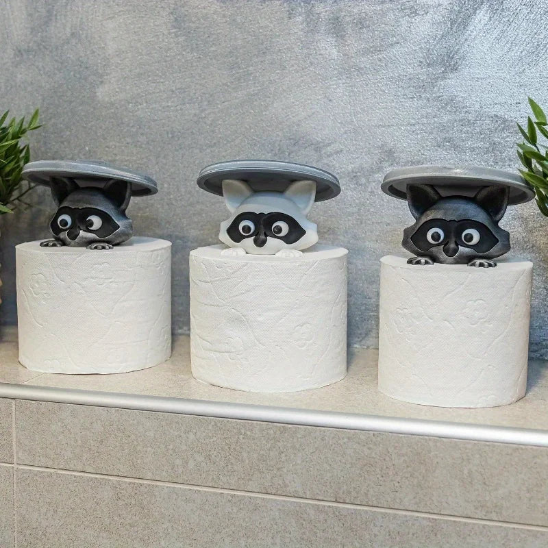 porte serviettes forme raton laveur gris blanc decoratif animalier texture papier toilette fixe adhésif