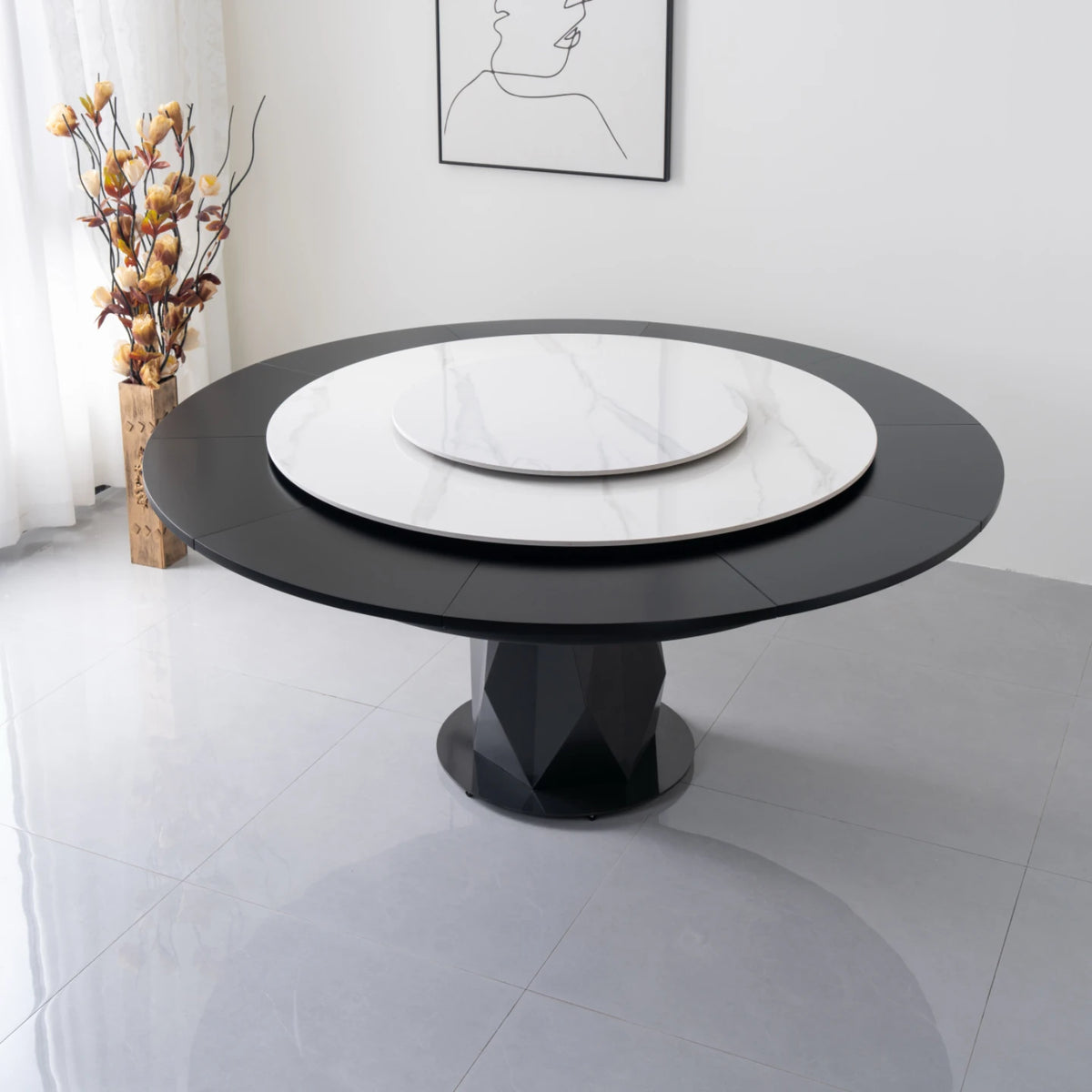 table manger ronde extensible imitation marbre noir moderne six chaises
