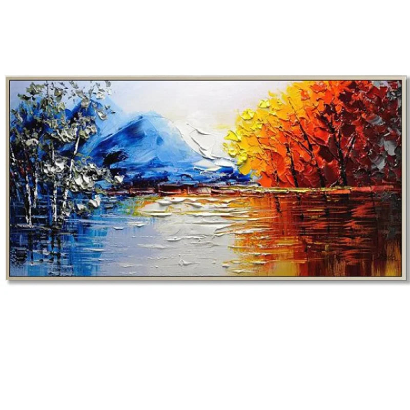 peinture l'huile moderne paysage abstrait bleu blanc rouge verte lac montagne sans cadre