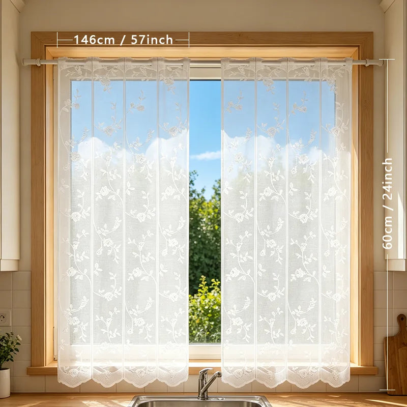 rideau floral japonais dentelle polyester translucide cadre bois chambre cuisine