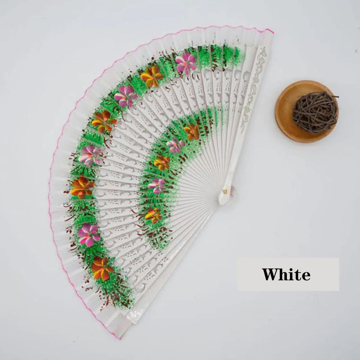 éventail traditionnel bois motif fleurs géométriques rouge bleu rose vert Jaune Noir