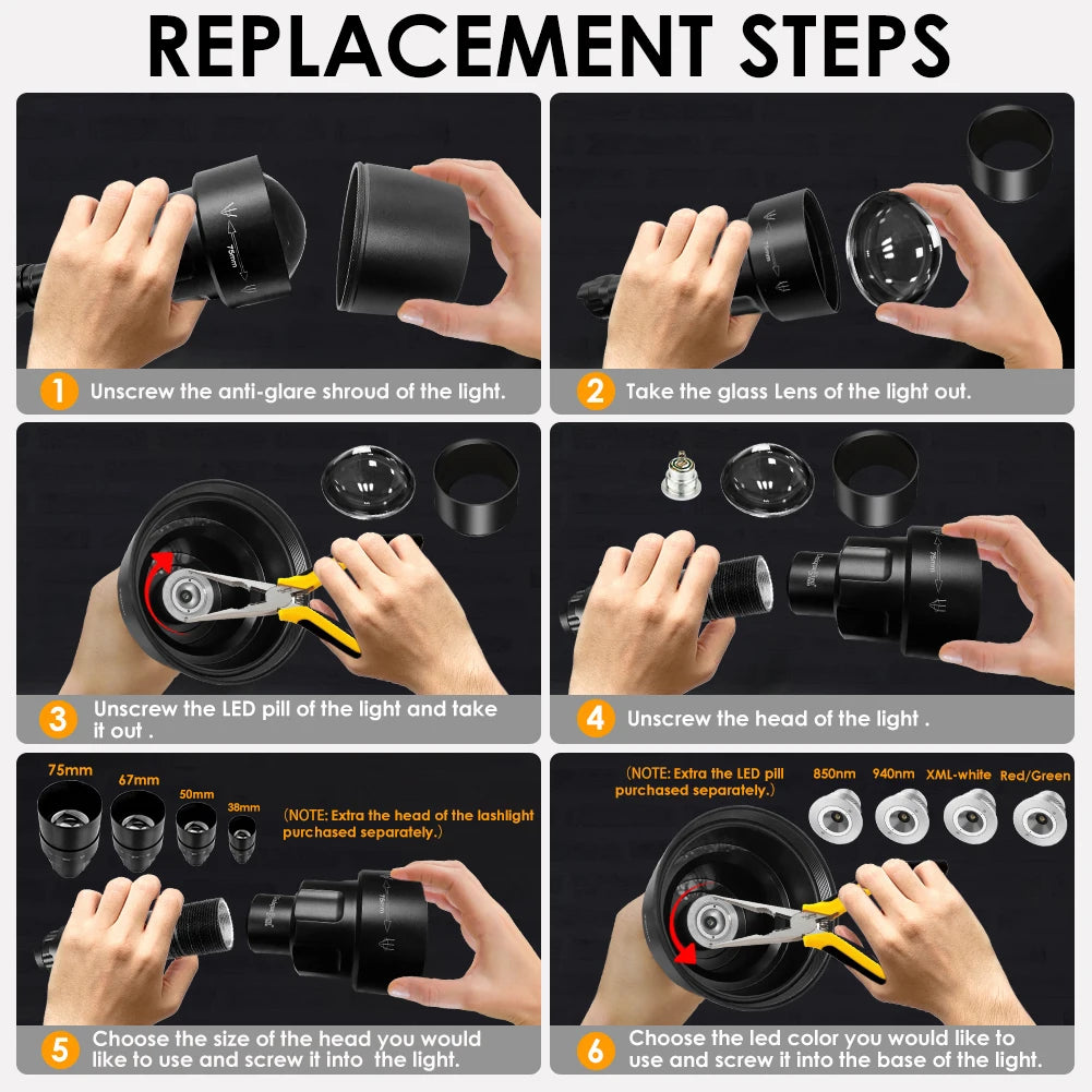 lentille interchangeable noire 75mm 67mm 50mm 38mm lampe torche led rechargeable