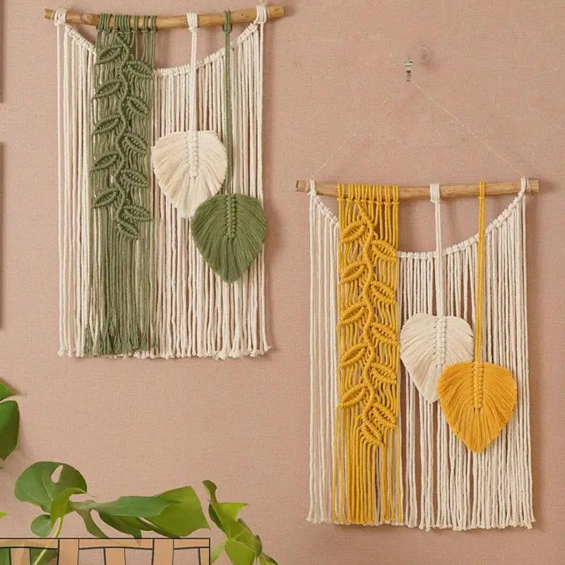 tapisserie murale macramé vert beige jaune feuilles franges bohème fixations murales
