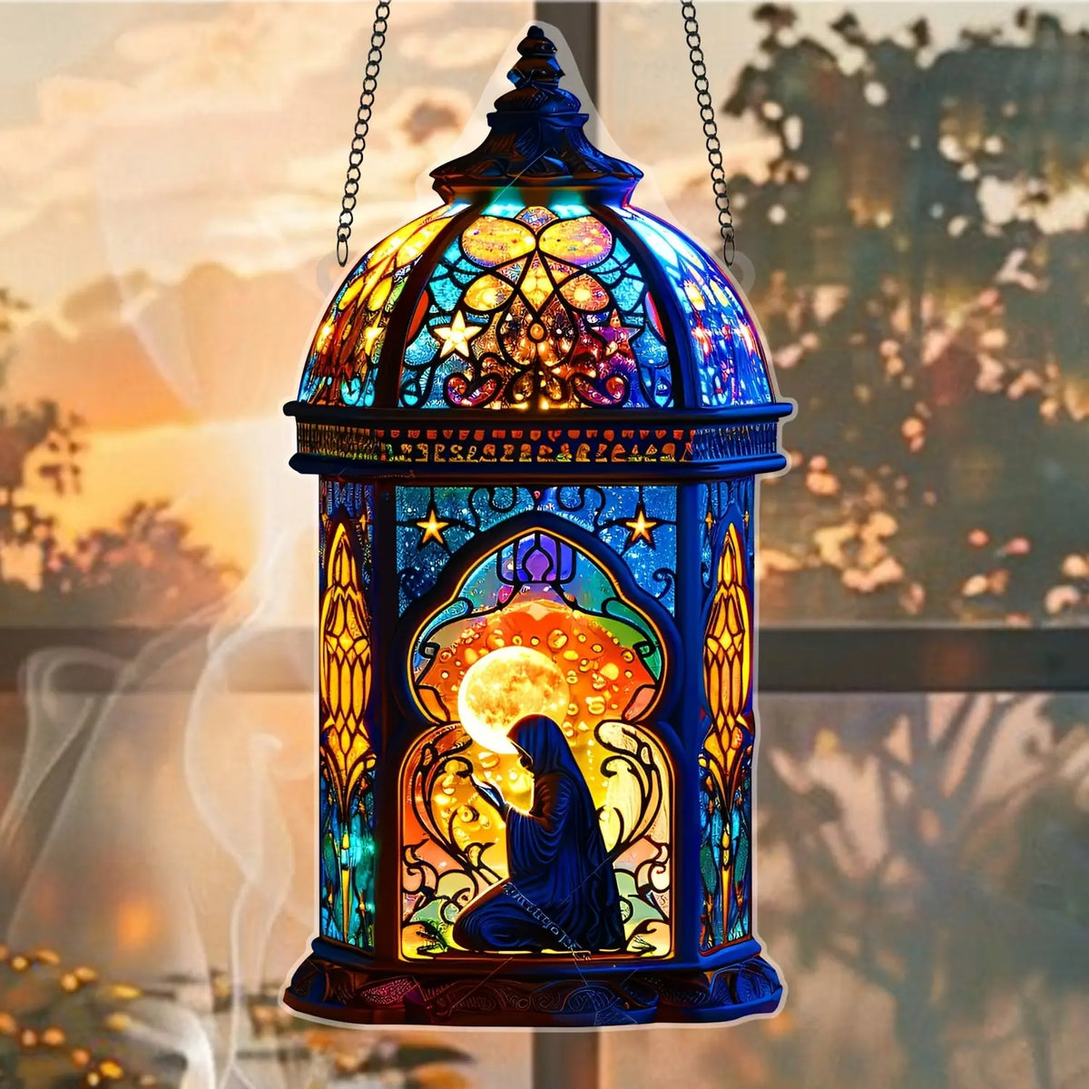 lanterne art nouveau bleu orange motifs floraux étoiles rétro opacité chaînes fixations murales