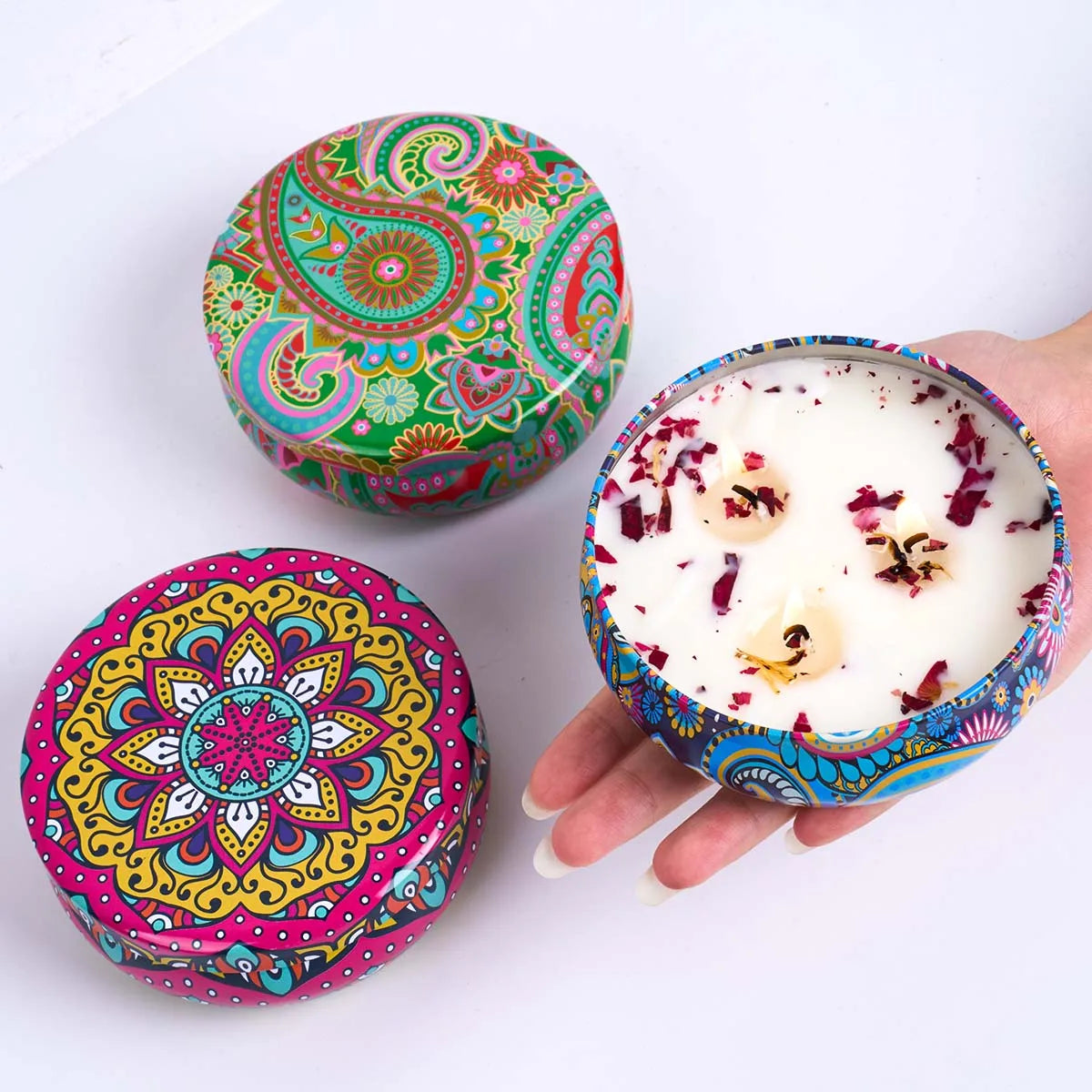 bougies parfumées boîte florale artistique motifs colorés cadeaux anniversaire mariage
