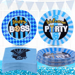 assiettes jetables anniversaire bleu noir rayures gâteau chiffre four evjolai festif
