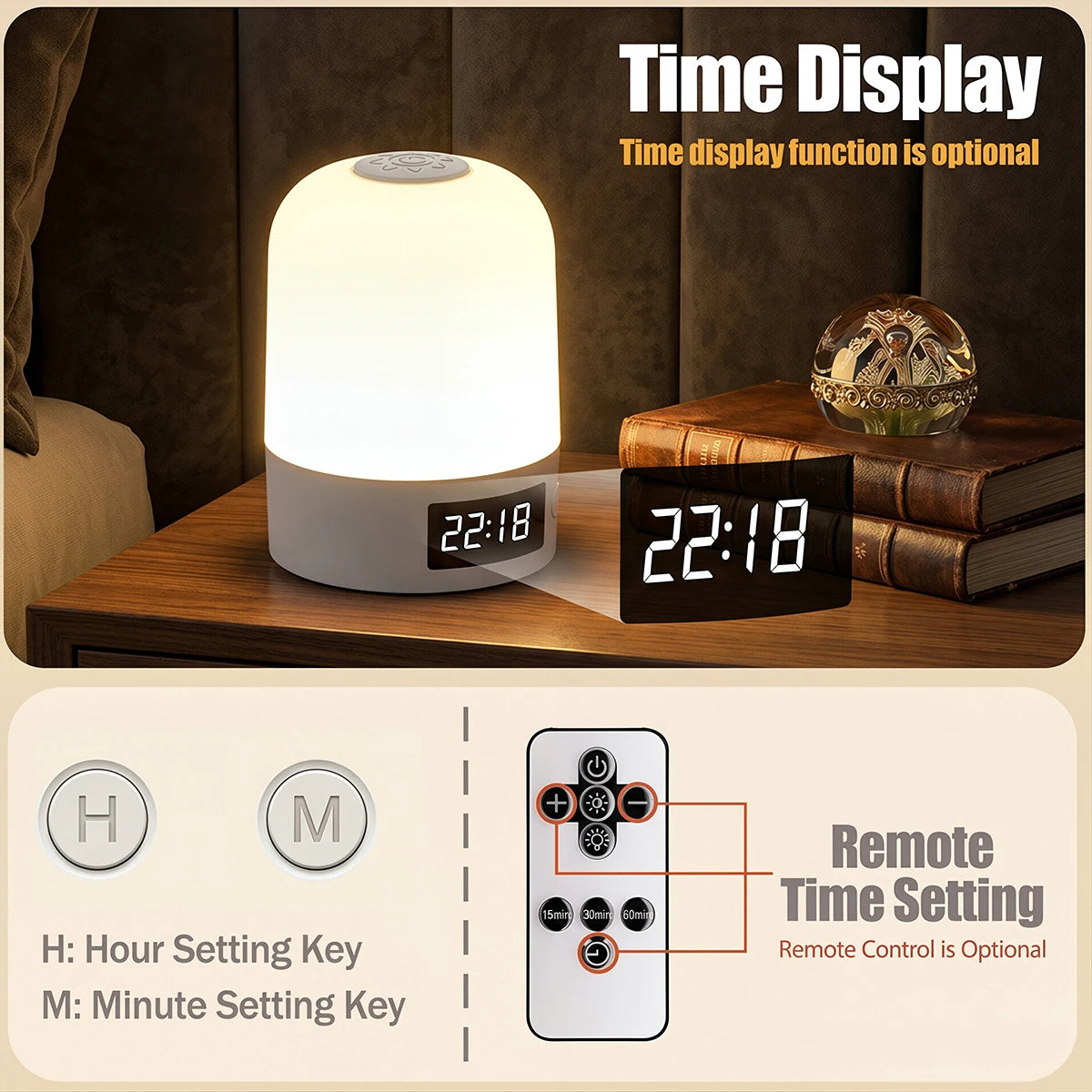 veilleuse lampe chevet blanc moderne affichage heure commande tactile rechargeable