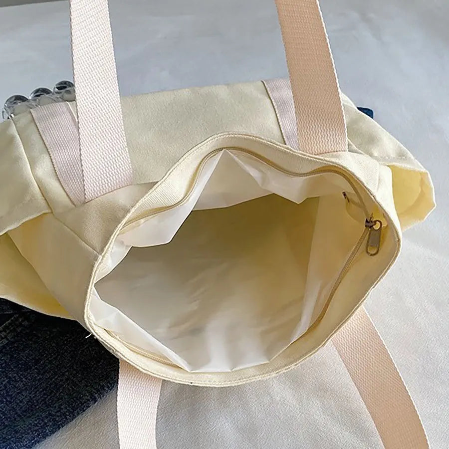 sac main tote toile beige casual poche douce intérieur zippé fourre tout polyvalent déplacement