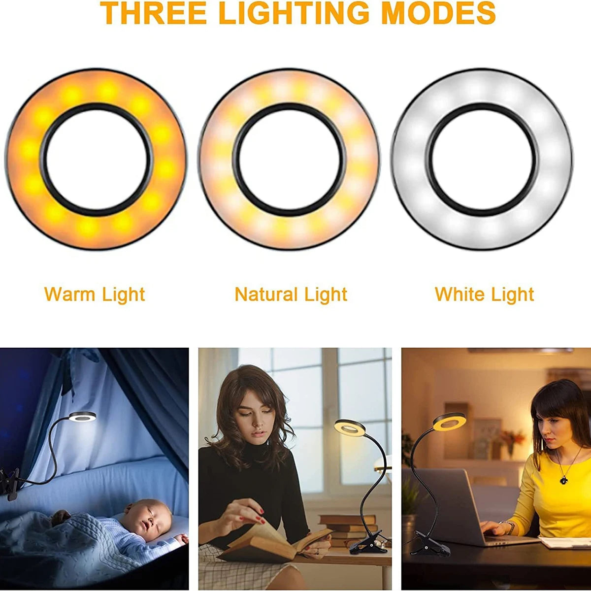 lampe clipable led anneau lumineux noir argenté moderne télécommande usb adjustable
