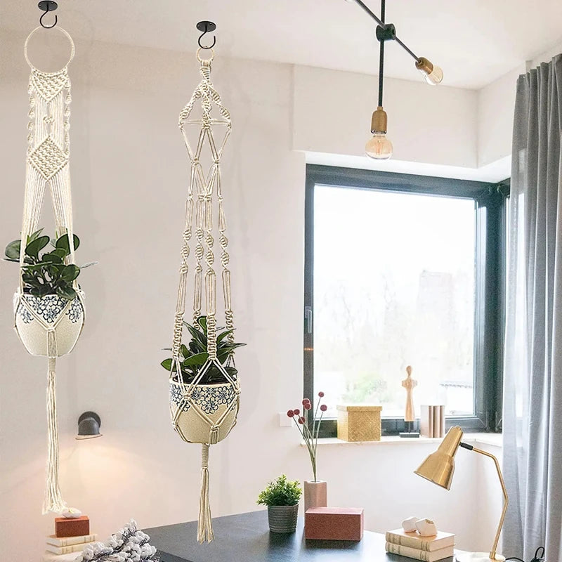 support plante suspendu macramé blanc boho artisanal anneau métallique pot plante