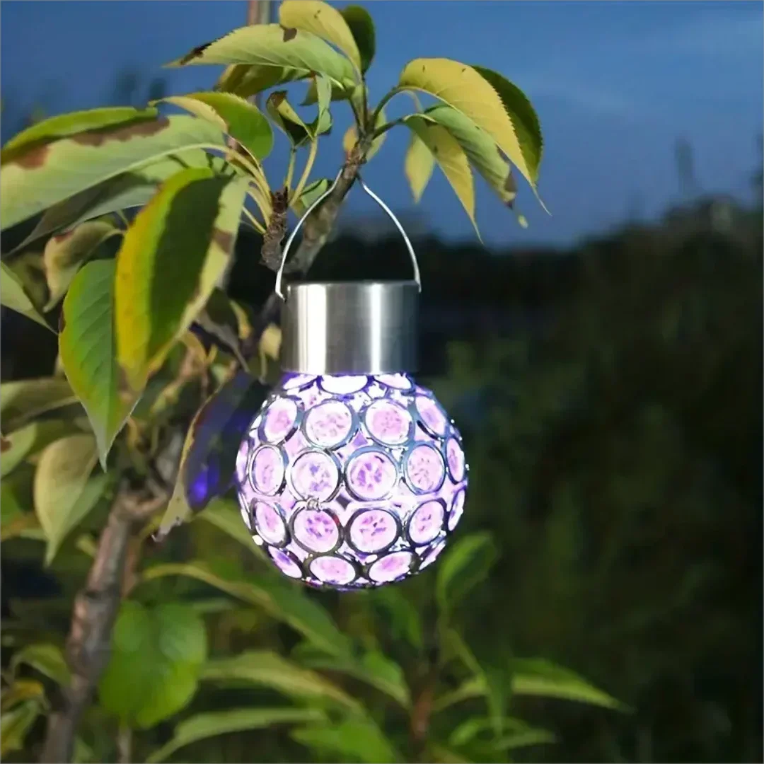 lumière solaire boule transparente motifs colorés moderne décoration extérieure jardin suspension anneaux métalliques