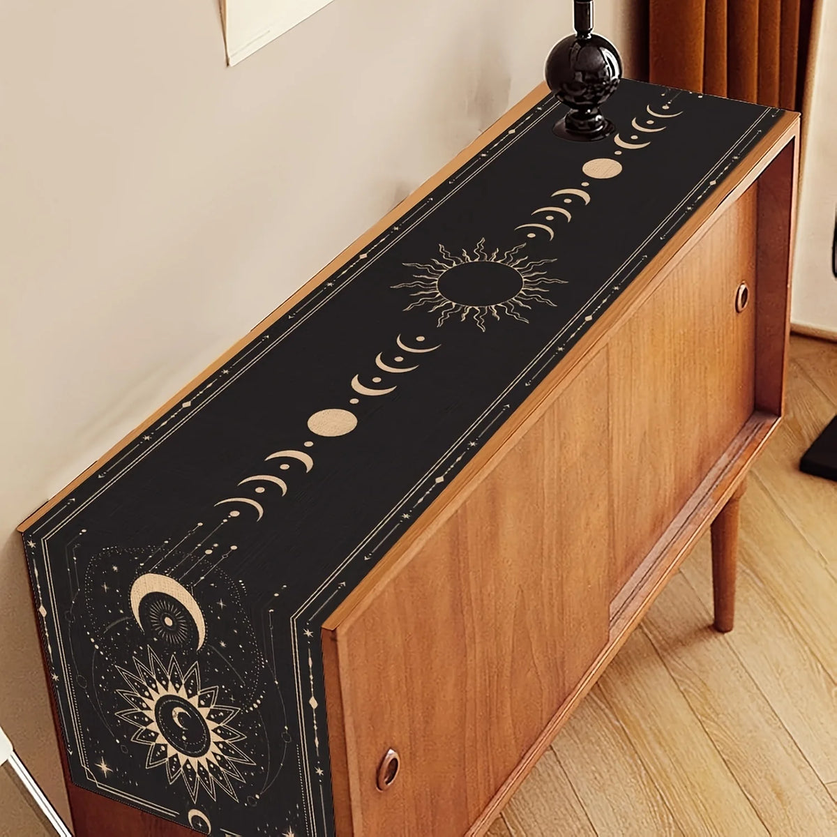 table chevet chemin table lin noir motifs astraux boho mystique dimensions variables