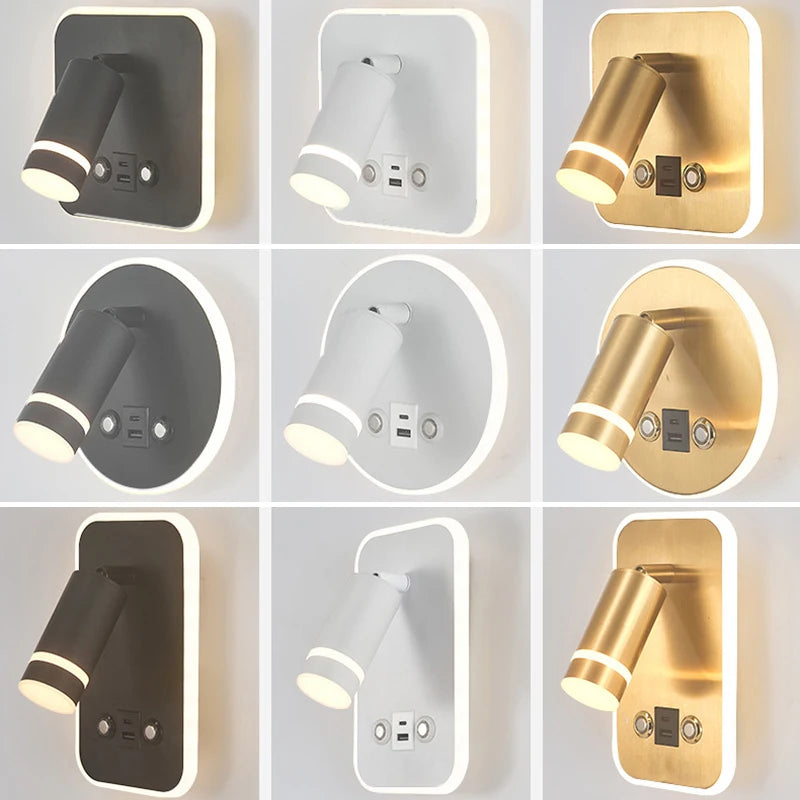 Lampes murales LED modernes prise USB éclairage ambiant noir blanc doré