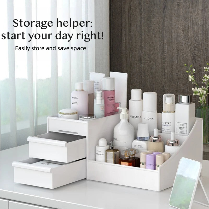 organisateur maquillage blanc tiroirs miroir pinceaux cosmétiques bijoux moderne rangement produits esthétique