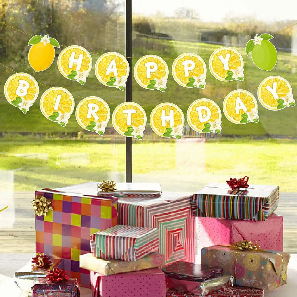 décoration fête anniversaire guirlande happy birthday citrons jaune vert papier citronnade lettres cake topper