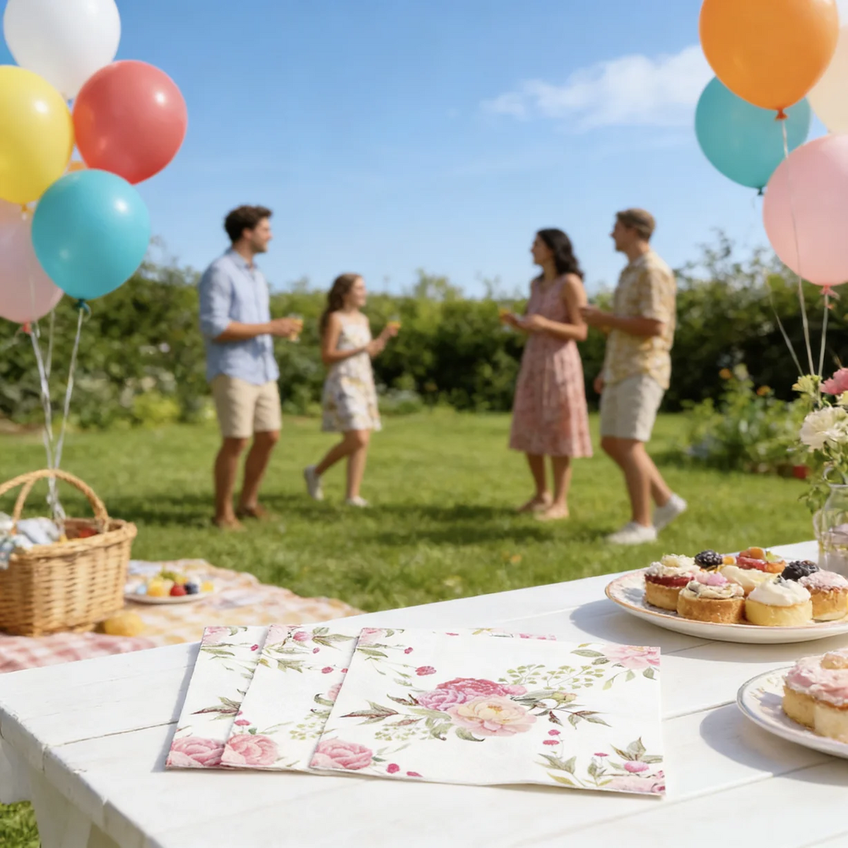 serviettes papier floral pivoines rose blanc decoration table mariage anniversaire festive