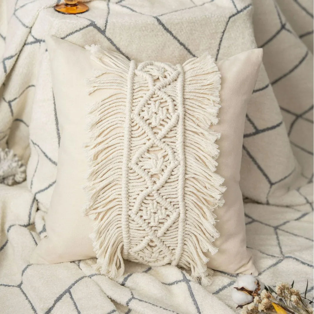 taies d'oreiller géométriques bohèmes crème franges macramé décoratives maison hospitalière