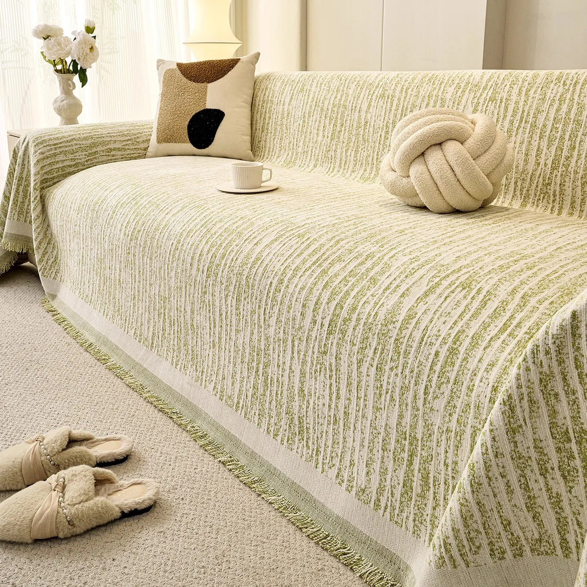housses canapé moderne beige gris vert rayures chenille polyestère universal toutes saisons