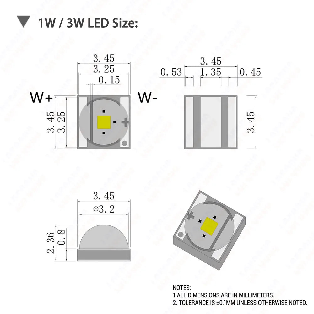 diodes led 1w 3w 5w 10w blanc chaud pur doré lumineuses 3500k 6000k plat