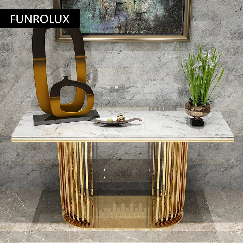 table console moderne blanche marbre doré structure métal élégante contemporain