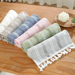 nappe décorative bohème géométrique franges semi transparente blanc rose vert gris bleu marine table