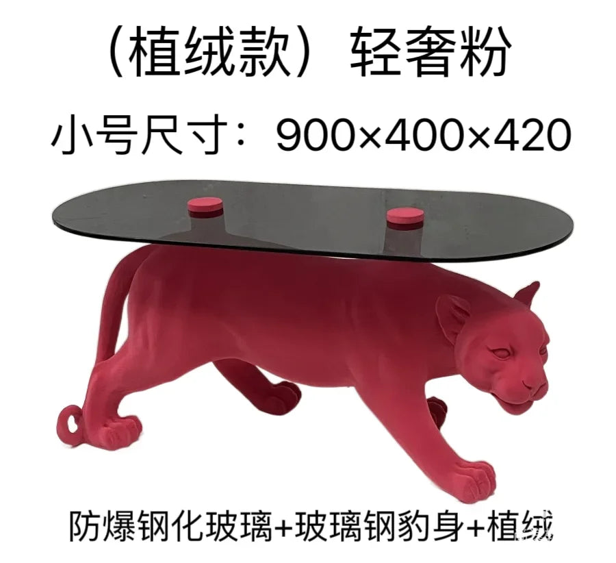 table basse moderne léopard rose vif orange noir verre opaque pieds solides animalier