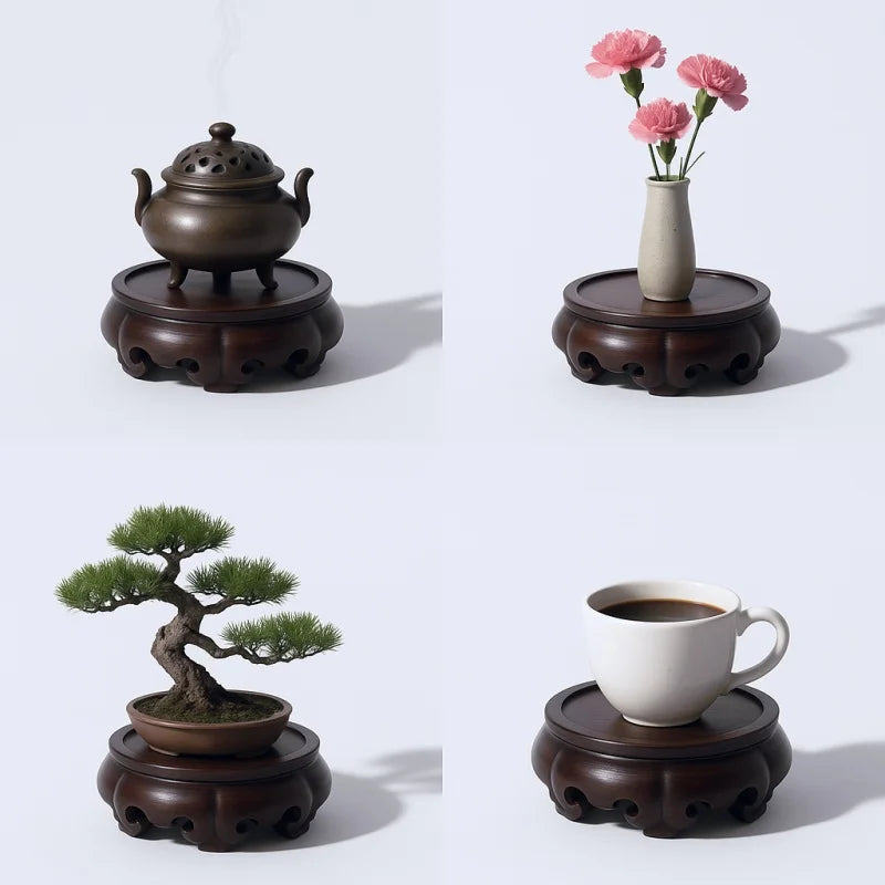 support décoration bois marron foncé texture naturelle gravure circulaire classique artisanal théière vase boule