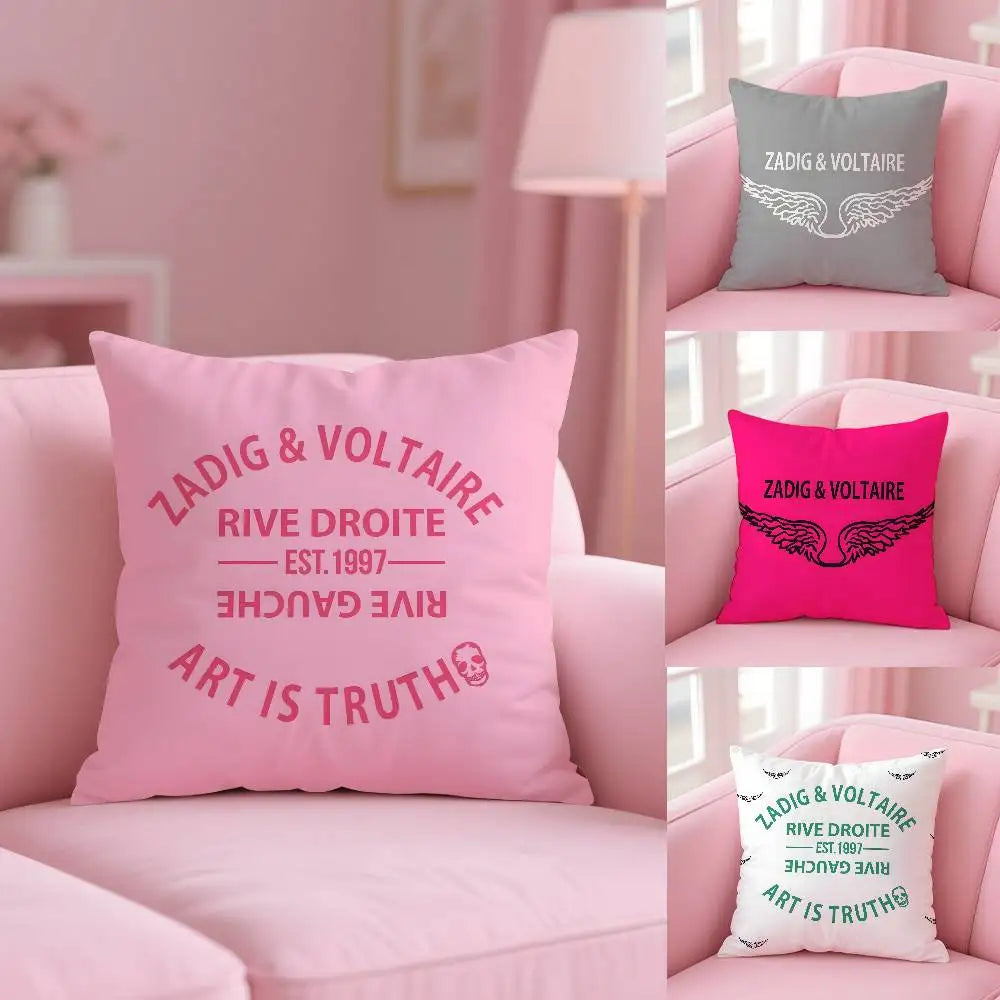 taie d'oreiller carrée rose clair douce motif texte moderne lit canapé maison luxe