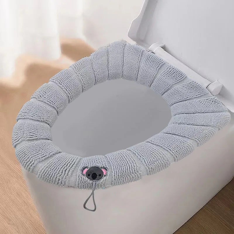 couvre siège toilette gris doux rayures élastique intégré motifs décoratifs écologique salle bain
