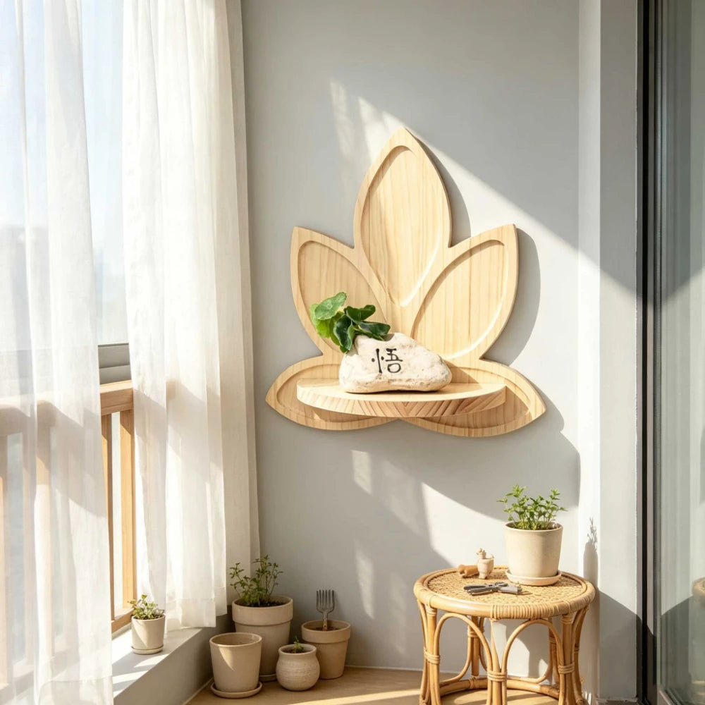 étagère murale bois clair fleur lotus bohème zen décoration naturelle plantes pots bougie