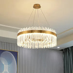 suspension lumineuse moderne dorée cristal chrome poli led télécommande transparente chambre salon