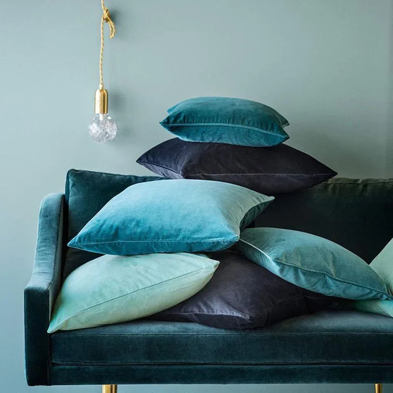 housses velours bleu marine turquoise coussins decoratifs contemporains sofa lit voiture 40x40cm