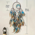 décoration murale attrape rêves ethnique plumes bois marron bleu blanc
