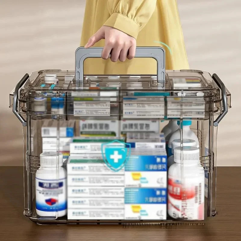 boîte rangement médicaments transparente reutilisable poignée amovible compartiments bouteilles paquets moderne respectueux environnement