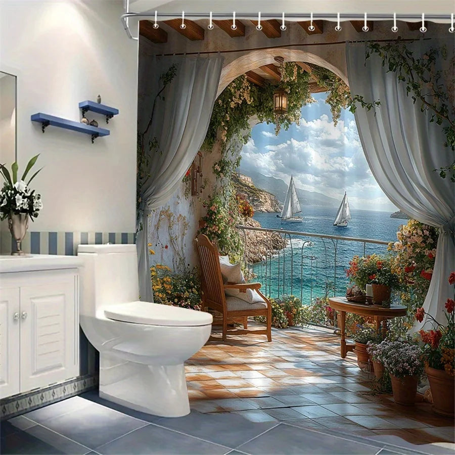 rideau douche méditerranéen mer balcon plantes fleurs océan bleu blanc vert rouille