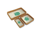 ensemble assiettes décoratives rotin motifs floraux boho rustique beige vert bleu blanc