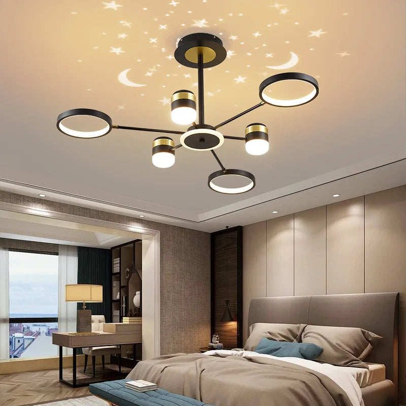 plafonnier led moderne ciel étoilé lune salon chambre enfant noir doré