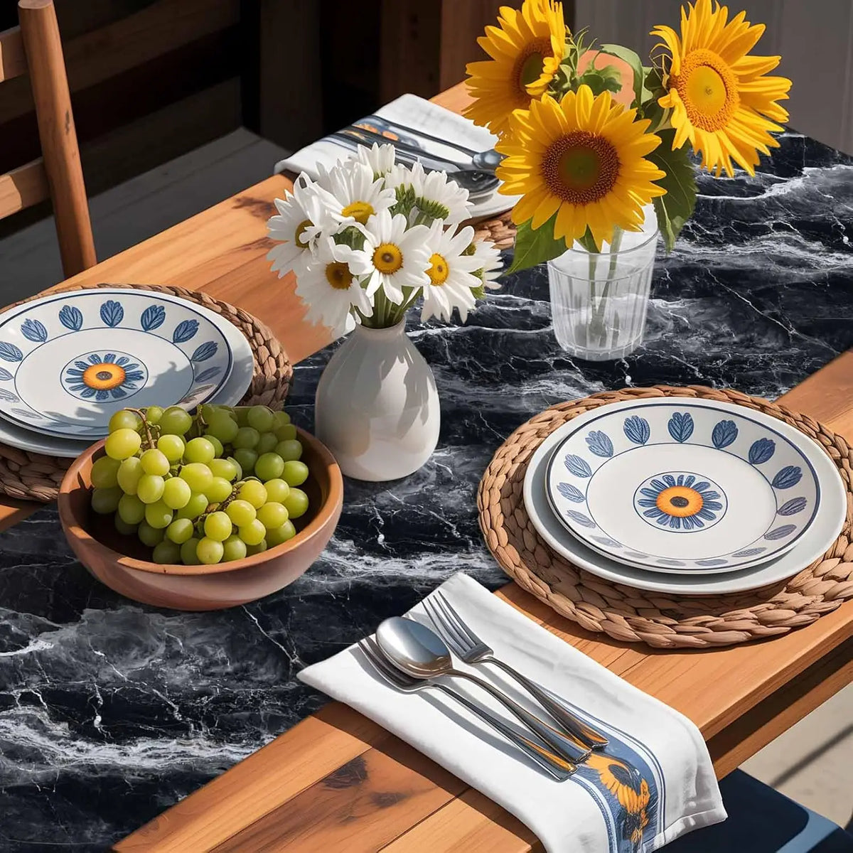 nappe runner lin imitation marbre motifs veinés moderne citrons tournesols marguerites vaisselle décorative