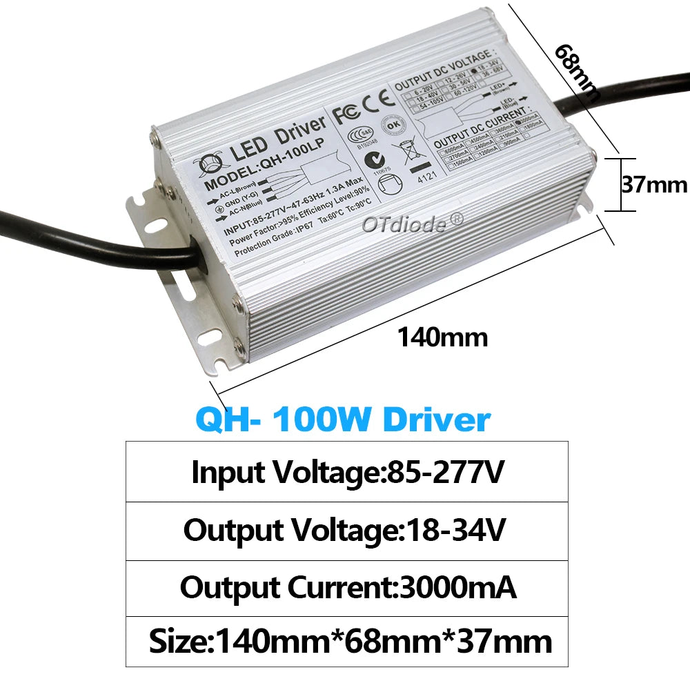 pilote led 100w argenté ip65 ip67 constant current driver câbles colorés certification gs haute