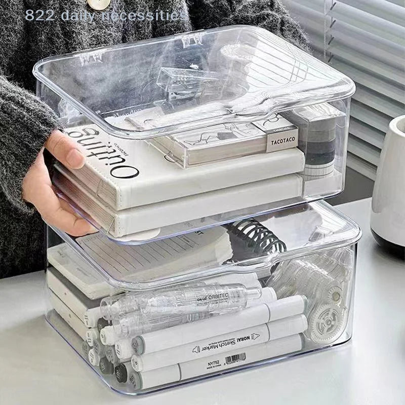 organisateur boîte plastique transparent télécommandes stylos carnets rubans adhésifs tasses théières masques pinceaux maquillage