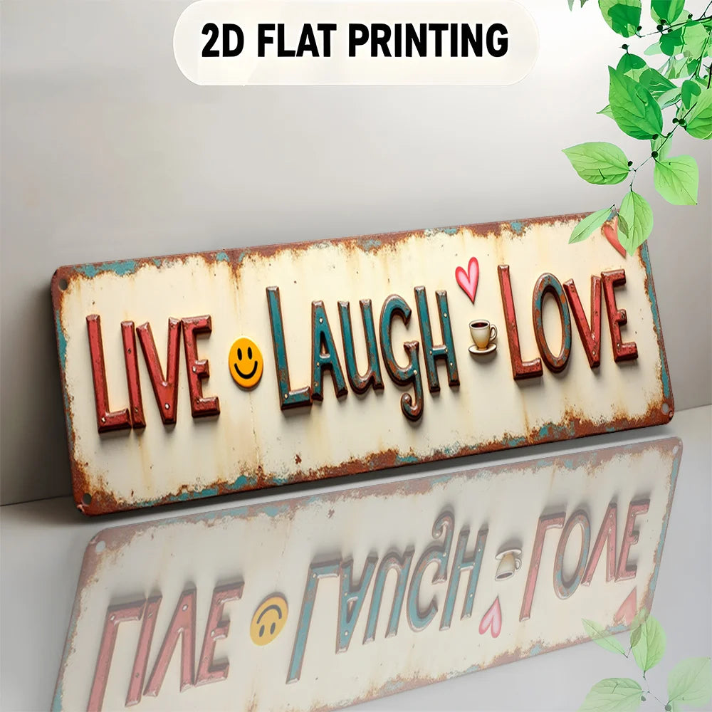 panneau decoratif metal live laugh love rustique vintage souriant coeurs fleurs pot plantes grimpantes