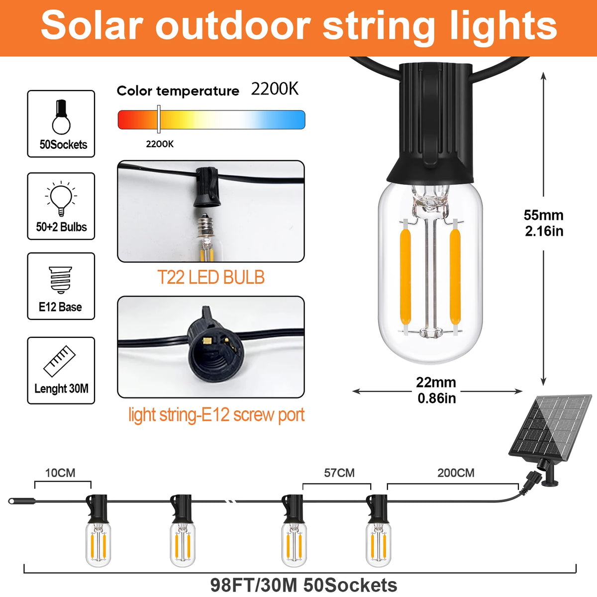 guirlande lumineuse solaire 30m 50 ampoules led t22 transparentes moderne extérieur télécommande